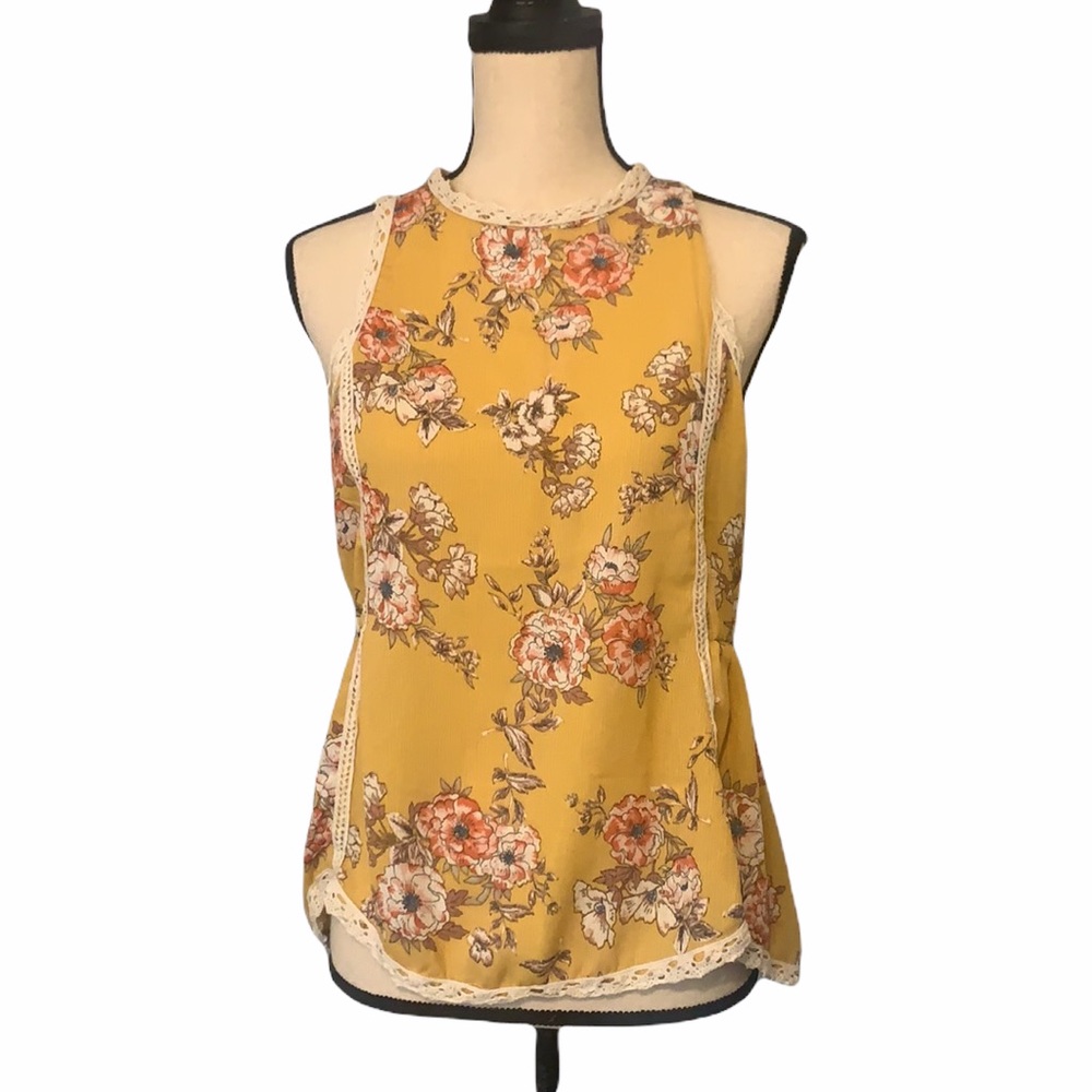 Tempted Floral Babydoll Top with Crochet Lace Trim – Yellow, Medium